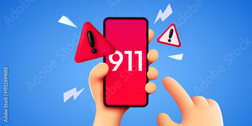Urgent emergency call 911 on a smartphone, highlighted with warning signs and lightning bolts. Vector illustration