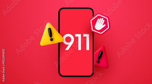 Urgent emergency call 911 displayed on a smartphone with prominent warning signs. Vector illustration.