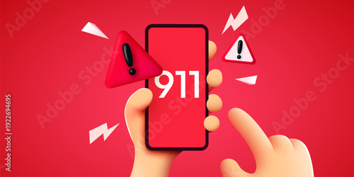 Urgent 911 call on a smartphone, held by a 3D cartoon hand with warning signs on a red background. Vector illustration