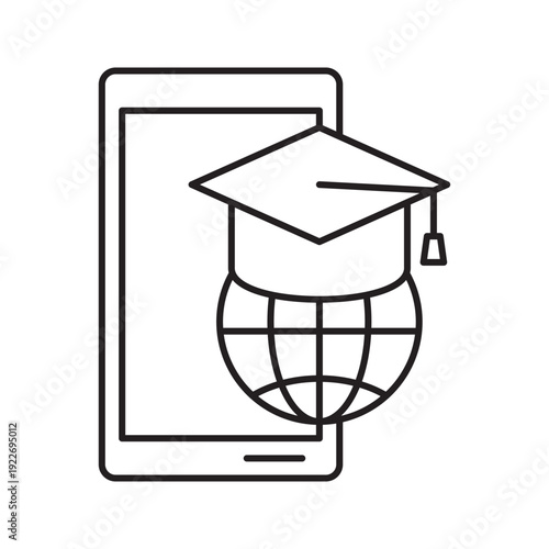 Online global education and e-learning icon. Graduation cap with globe and phone, mobile university concept. Vector illustration