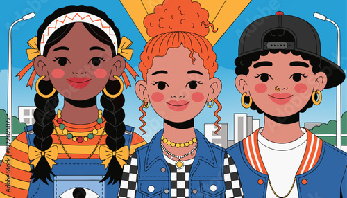 Very beautiful close portrait of smiling preteen friends enjoying sunny day in park, natural light enhancing cheerful expressions and authentic childhood friendship moment.