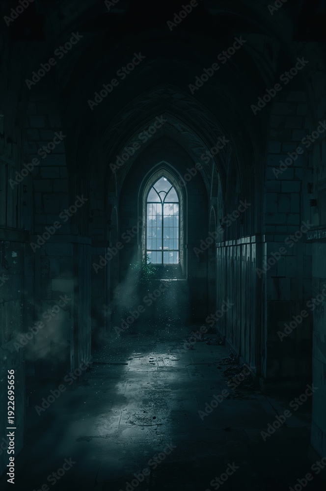 Obraz premium Abandoned stone church corridor under moonlight with dust and cinematic low key shadows