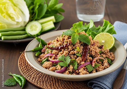 Minced meat salad with herbs and chili peppers is served with fresh vegetables.