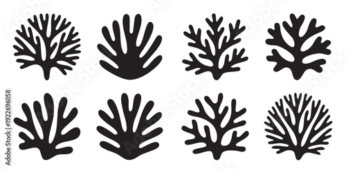 eight black silhouettes of abstract seaweed and coral