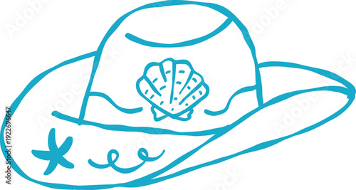Coastal Summer Cowgirl Cowboy Hat Seashell Outline Playful Hand Drawn