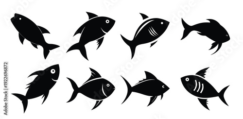  nine sleek black fish swim in varied styles with minimalist