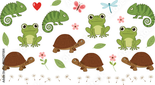 Cute Cartoon Reptile and Amphibian Vector Set Featuring Green Frogs, Chameleons, and Turtles with Spring Flowers and Butterfly Elements for Kids Nursery and Stationery