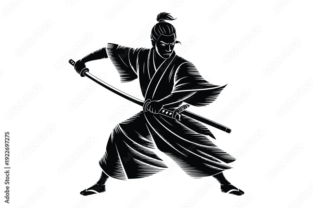Obraz premium Samurai warrior with sword, vintage Japanese illustration