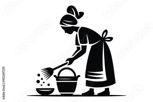 Woman mopping with bucket and mop, vintage cleaning illustration