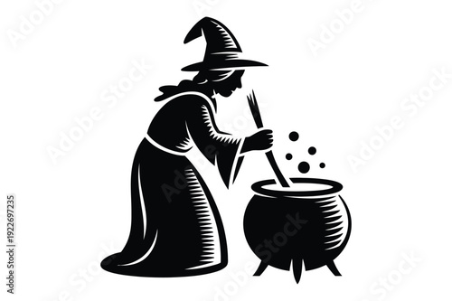 Witch stirring potion in cauldron, Halloween illustration