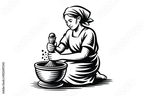 Woman grinding spices with mortar and pestle, cooking illustration