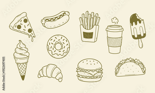 Hand drawn fast food items including pizza, hot dog, french fries, coffee, ice cream, donut, croissant, burger, and taco, creating a cheerful collection of casual snacks and meals
