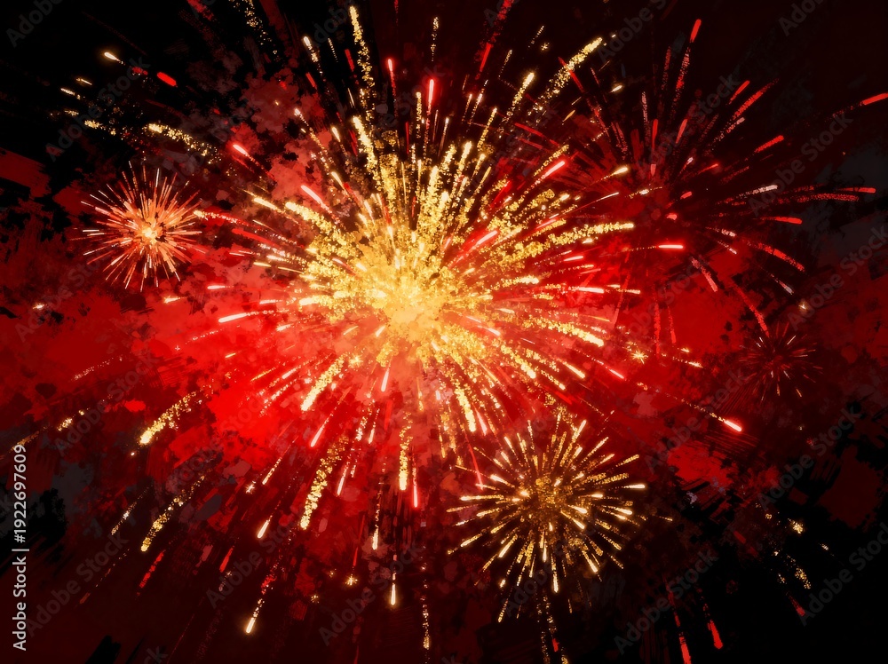 Obraz premium Colorful Fireworks Display Against Dark Red Background