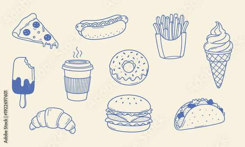 Hand drawn fast food items including pizza, hot dog, french fries, coffee, ice cream, donut, croissant, burger, and taco, creating a cheerful collection of casual snacks and meals