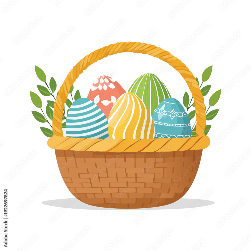 Fototapeta premium Decorated easter eggs in a woven basket with green leaves