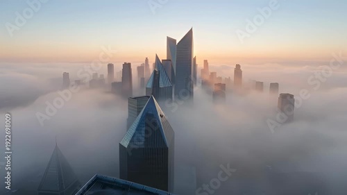 Modern cityscape shrouded in mist at sunrise with sleek skyscrapers emerging - 4k video