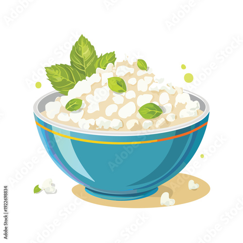 Cottage cheese with mint leaves in a blue bowl illustration