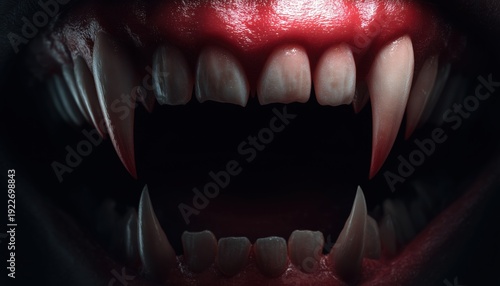 Bold Red Monster Vampire Teeth With Long Sharp Fangs On Black Background. - A Menacing Display Of Vampire Teeth In Vibrant Red Against A Dark Backdrop.