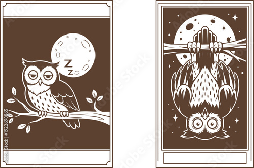 Tarot Card Illustrations of two owls under a moonlit night sky with symbolic elements