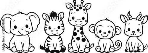African cute animals - Elephant, Zebra, Giraffe, Monkey and Gazelle, simple thick lines kids or children cartoon coloring book pages. Clean drawing can be vectorized to illustration
