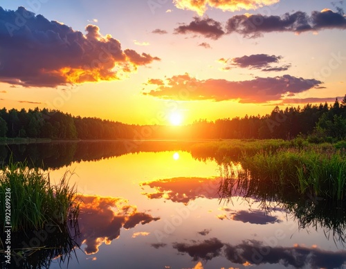 Serene Sunset Over Calm Lake with Reflections and Lush Vegetation