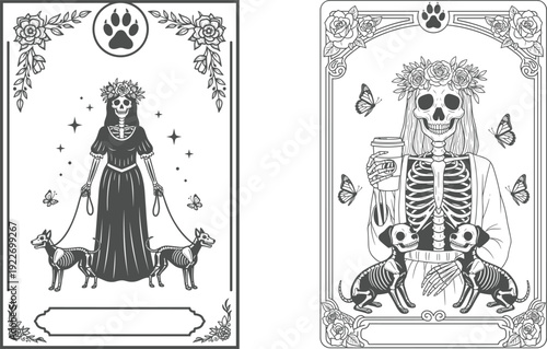 Tarot Card Illustrations of mystical female figure and skeleton with animals in ornate frames 