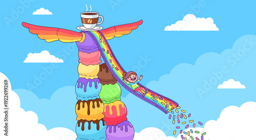 Whimsical Ice Cream Totem Pole with Rainbow Slide and Coffee Cup Topper.