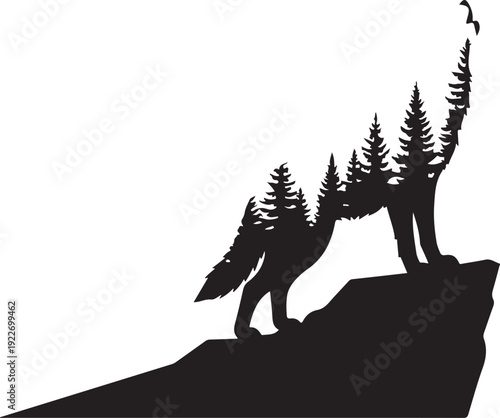 Howling Wolf Silhouette with Pine Forest Double Exposure on Mountain Cliff