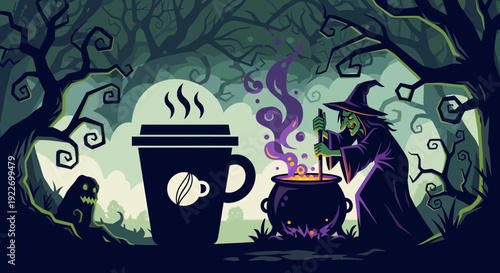 Witch brewing potion next to a steaming coffee cup in a spooky forest.
