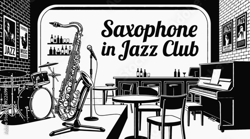 saxophone placed in a jazz club black and white vector scene showing environment representing smooth music atmosphere performance and nightlife entertainment