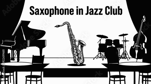 saxophone placed in a jazz club black and white vector scene showing environment representing smooth music atmosphere performance and nightlife entertainment