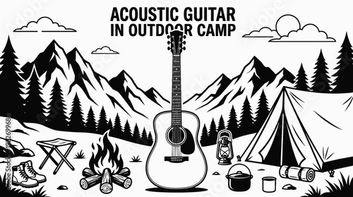 acoustic guitar in an outdoor camp black and white vector scene featuring setting representing casual music playing lifestyle and nature environment