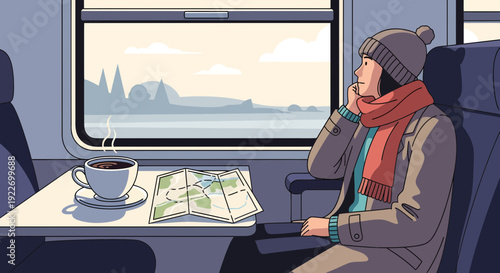 Woman enjoying a warm drink while traveling by train.