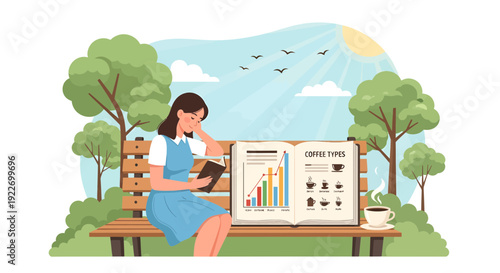 Woman reading a large book about coffee types and statistics in a park.