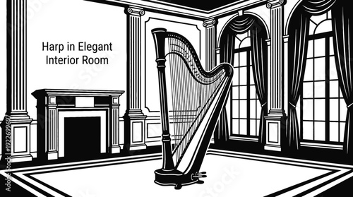 black and white vector scene featuring a harp placed in an elegant interior room representing classical music luxury atmosphere and artistic expression