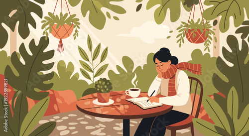 Woman writing in a notebook at a cafe table.