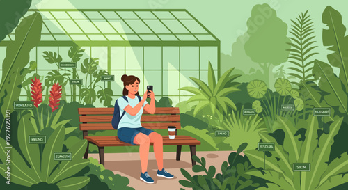 Young woman sitting on a bench and taking photos with her smartphone.