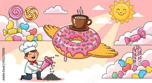 A cheerful baker preparing ingredients for a giant flying donut with coffee.