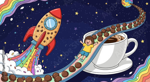 A child sliding into a giant coffee cup surrounded by a whimsical colorful space scene with a rocket.