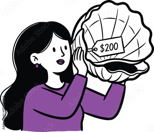Woman holding a large seashell with a '$200' price tag, suggesting expensive sea treasures, luxury goods, or valuable collectibles.
