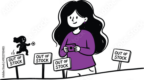 Woman with a camera surrounded by 'Out of Stock' signs, depicting frustration with unavailability, popular demand, or supply chain issues.