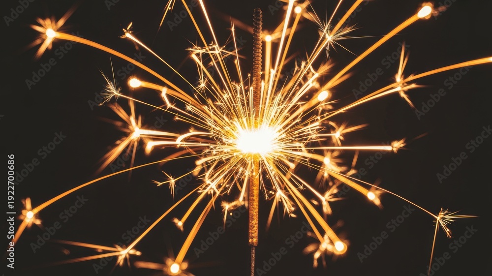 Fototapeta premium Vibrant sparkler exploding with bright golden sparks on dark background