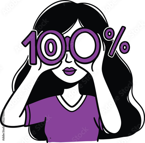 Woman looking through oversized purple binoculars shaped like '100%', symbolizing 100% focus, full commitment, or complete understanding.