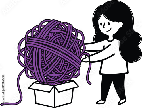Happy cartoon girl with a huge ball of purple yarn in a box, illustration for crafting and knitting lovers