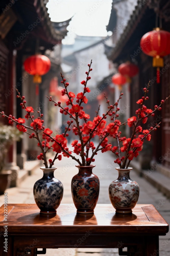 Fototapeta premium Three Vases with Red Flowers in Traditional Alley
