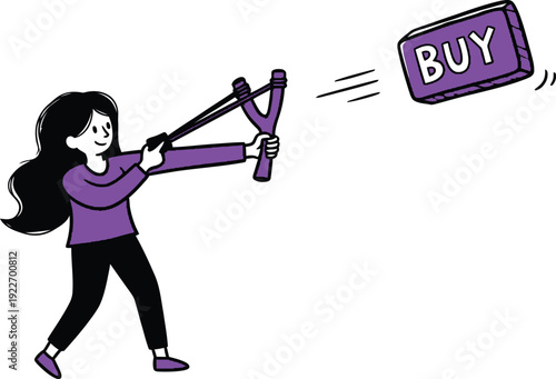Woman aiming a slingshot with a purple 'BUY' block, representing aggressive sales tactics and impulsive purchasing