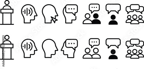 Communication and public speaking icons set, speech bubbles, audience discussion and presentation symbols, modern black outline vector collection isolated on light background