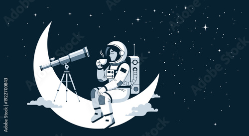 Astronaut enjoying a hot drink while observing the cosmos with a telescope.
