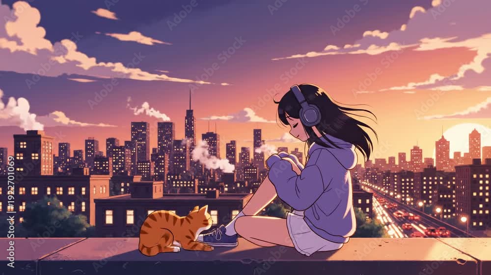 Anime girl enjoys sunset with cat on rooftop overlooking city. Stock ...
