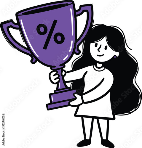 Happy woman celebrating success, holding a large trophy with a percentage sign, symbolizing achievement, winning, or a great deal.